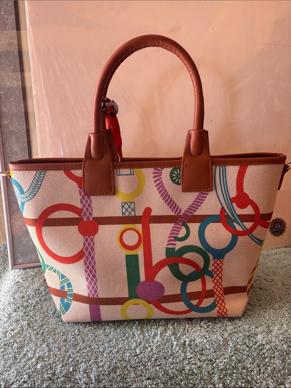 Multicolor Patterned Tote Bag with Brown Handles